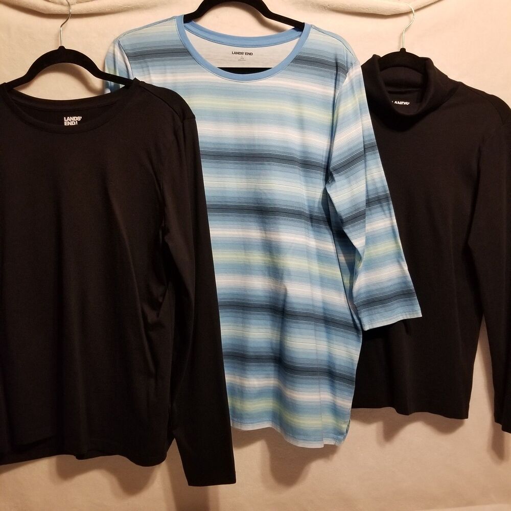 Lands End L Shirts Lot Of 3 Black Long Sleeve Blue Striped Black Turtleneck
